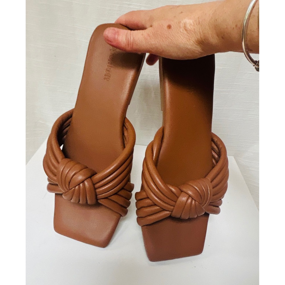 Open Edit Brown Knotted Square Toe Flat Slide Sandals Cognac Vegan Leather